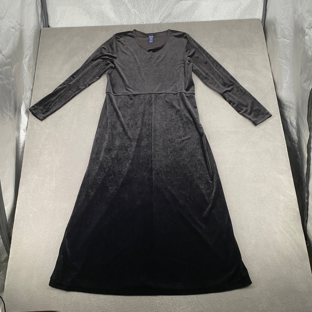 Lands' End Womens Black Crushed Velvet Long Sleeve Empire Waist Maxi Dress Sz L